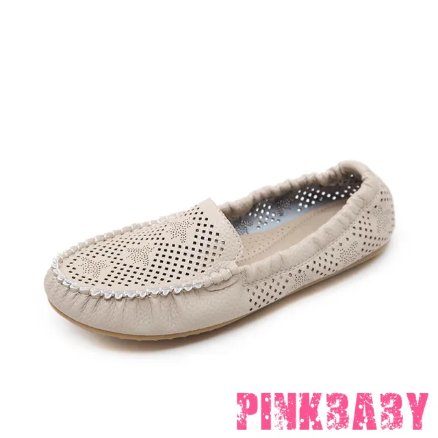 【PINKBABY】樂福鞋/足弓機能軟底豆豆透氣沖孔可折疊便攜樂福鞋 蛋捲鞋(米)