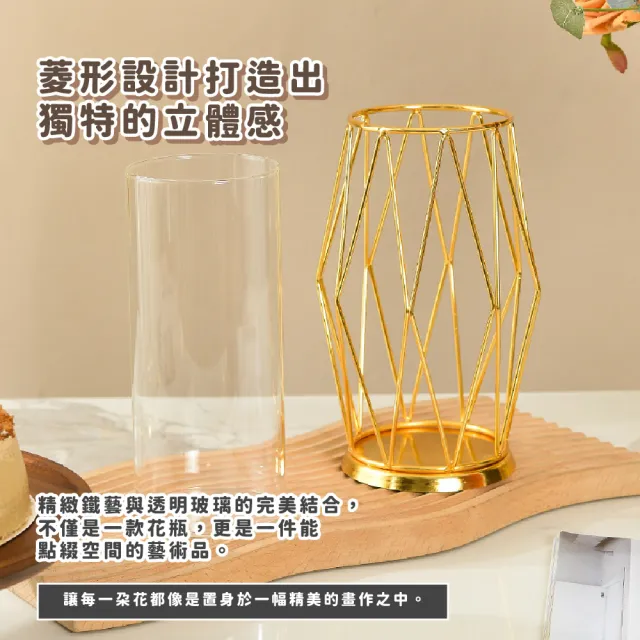 【園藝點綴】菱形鐵藝玻璃花瓶(水培瓶 乾燥花 透明 造型 插花瓶 桌面餐桌擺飾 再生花 鮮花 花藝 玄關)