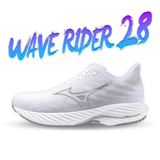 【MIZUNO 美津濃】女慢跑鞋 WAVE RIDER 28(運動鞋 休閒鞋 訓練鞋 白 灰 銀 舒適 耐磨 減震 推進 高CP值)