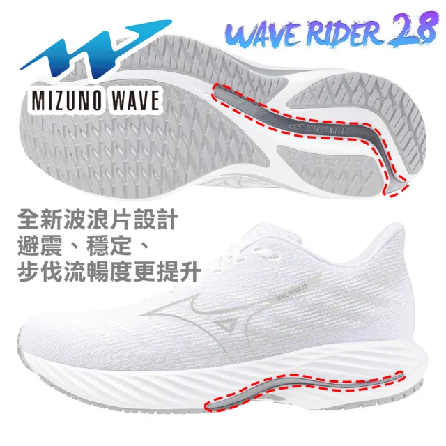 【MIZUNO 美津濃】女慢跑鞋 WAVE RIDER 28(運動鞋 休閒鞋 訓練鞋 白 灰 銀 舒適 耐磨 減震 推進 高CP值)