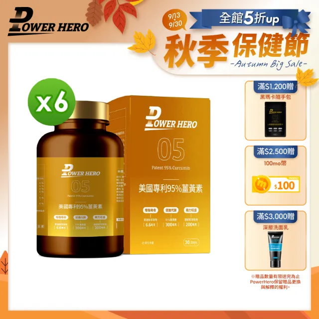 【PowerHero 勁漢英雄】美國專利95%薑黃素x6盒(60顆/盒、法國朝鮮薊萃取物、專利黑胡椒鹼萃取、牛磺酸)