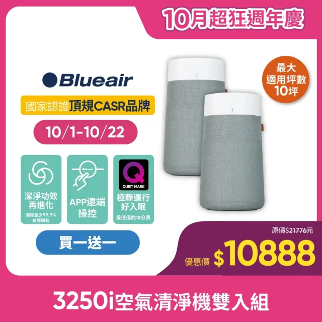 【Blueair】抗PM2.5過敏原 Blue Max 3250i空氣清淨機 10坪(買一送一)