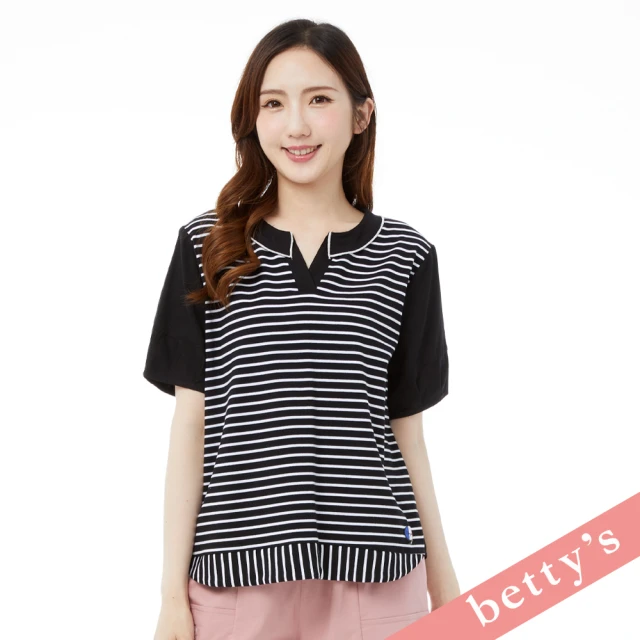 betty’s 貝蒂思 條紋澎袖拼接小翻領上衣(黑色)