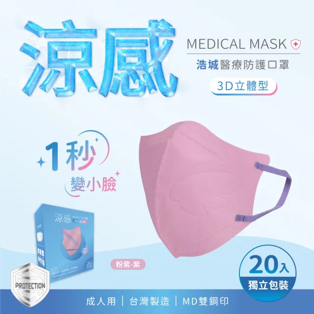 【HC浩城-3D涼感口罩-任選2盒組(40片) 單片包裝】KN95 透氣&舒適(1秒變小臉 台灣製造 醫療級)