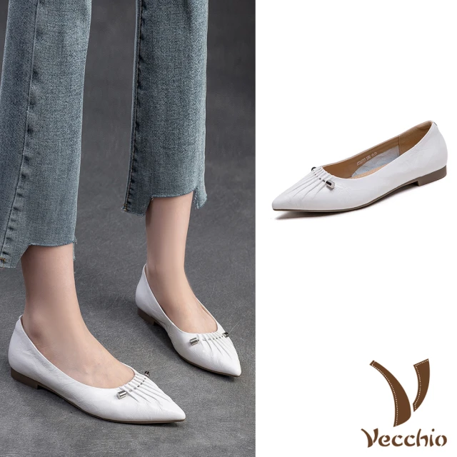 Vecchio 真皮跟鞋 低跟跟鞋/真皮頭層牛皮復古尖頭抓褶一字釦設計低跟鞋(米)