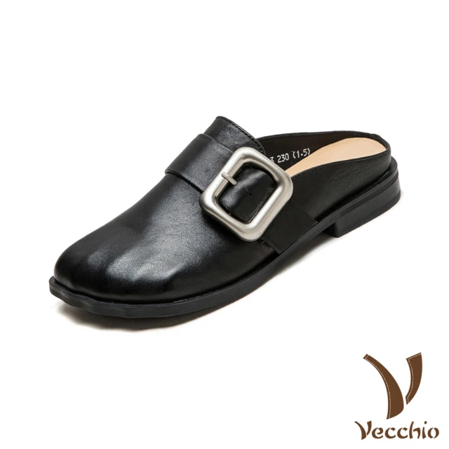 Vecchio 真皮拖鞋 低跟拖鞋 包頭拖鞋/全真皮頭層牛皮復古寬楦皮帶釦飾低跟包頭拖鞋(黑)