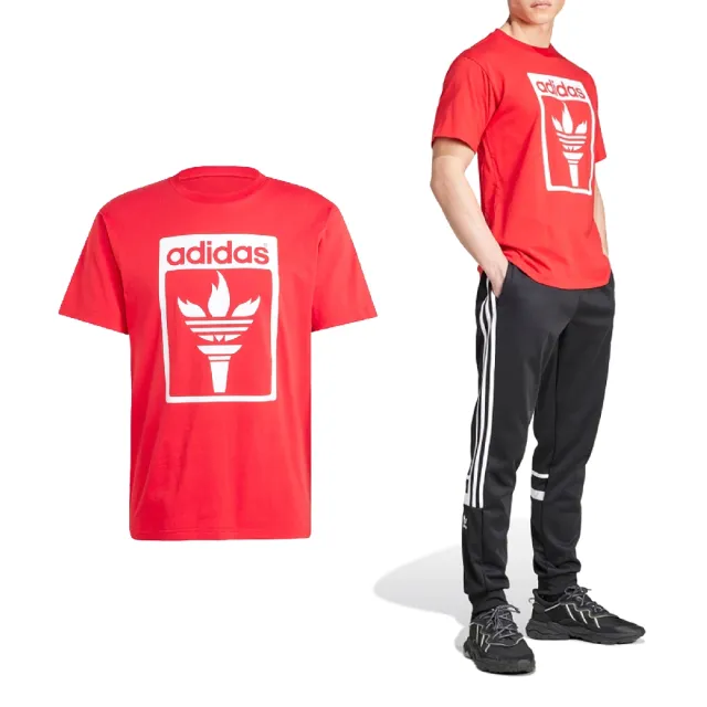 【adidas 愛迪達】短袖 TREFOIL Tee 男款 紅 白 三葉草 短T 愛迪達(JJ1219)