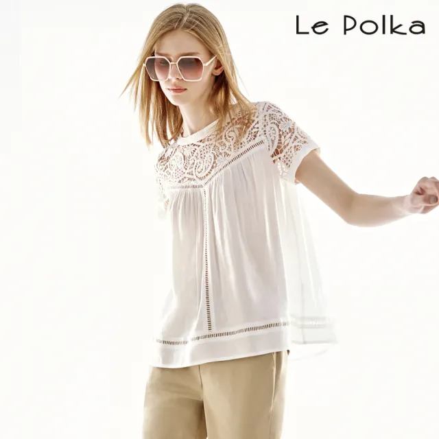 【Le Polka】蕾絲透膚簍空寬鬆上衣-女