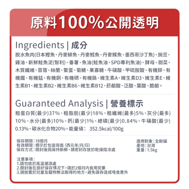 【毛孩時代】80%鮮魚肉無穀全貓糧1.5kgx1包(皮膚保健/貓飼料/貓乾糧/無穀貓糧)