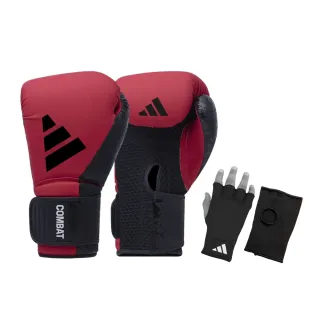 【adidas 愛迪達】Combat 50 紅黑拳擊手套+快速手綁帶超值組合(拳擊 泰拳 格鬥 搏擊 拳套 健身 有氧)