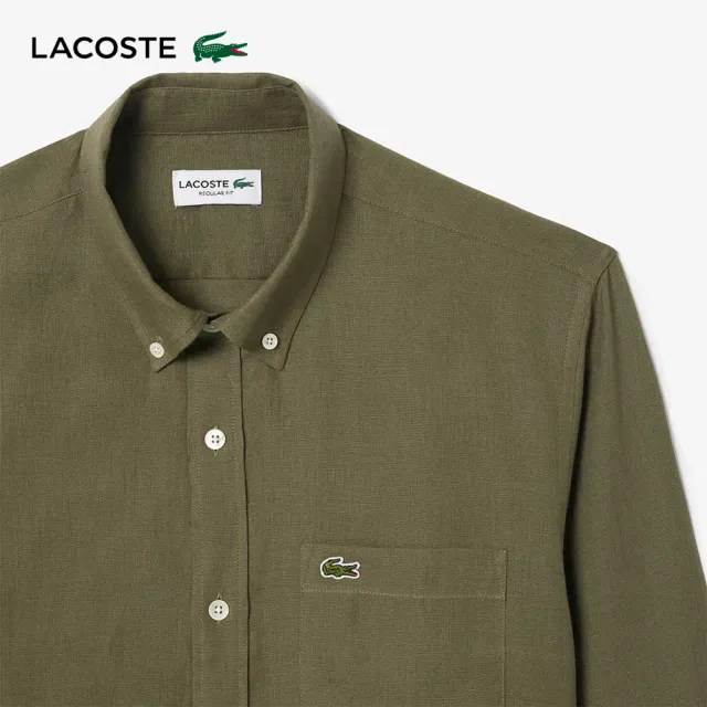 【LACOSTE】男裝-素色亞麻長袖襯衫(坦克綠)