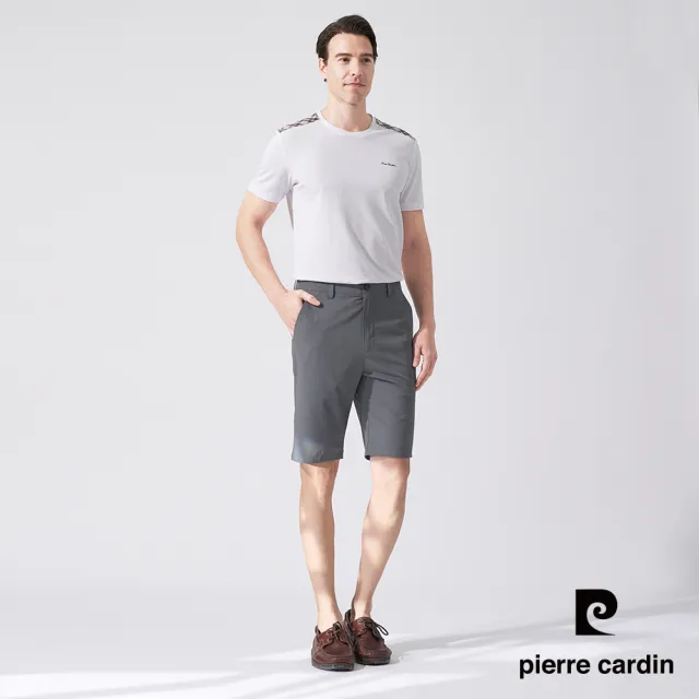 【pierre cardin 皮爾卡登】商務休閒 男款 彈性平口格紋休閒短褲-灰綠色(5247963-45)