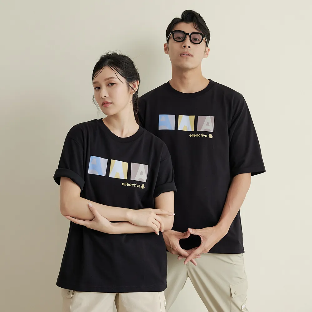 【ELLE ACTIVE】男女同款 寬版印花短袖T恤-黑色(EA24M2F1605#99)