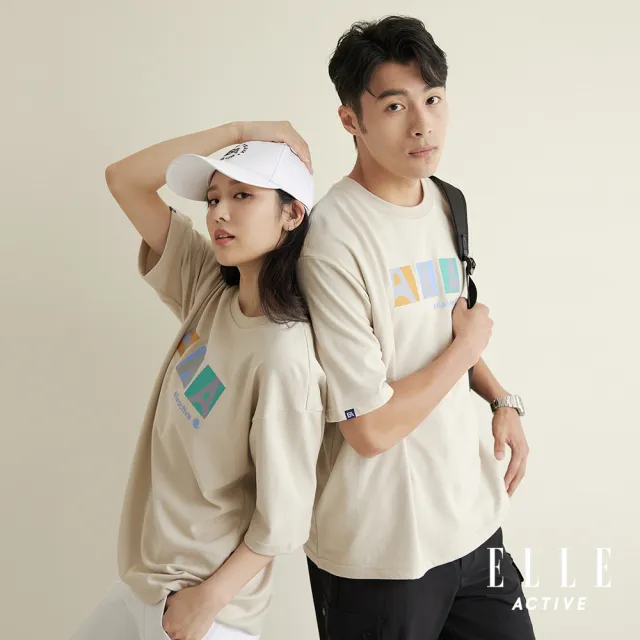 【ELLE ACTIVE】男女同款 寬版印花短袖T恤-卡其色(EA24M2F1605#82)