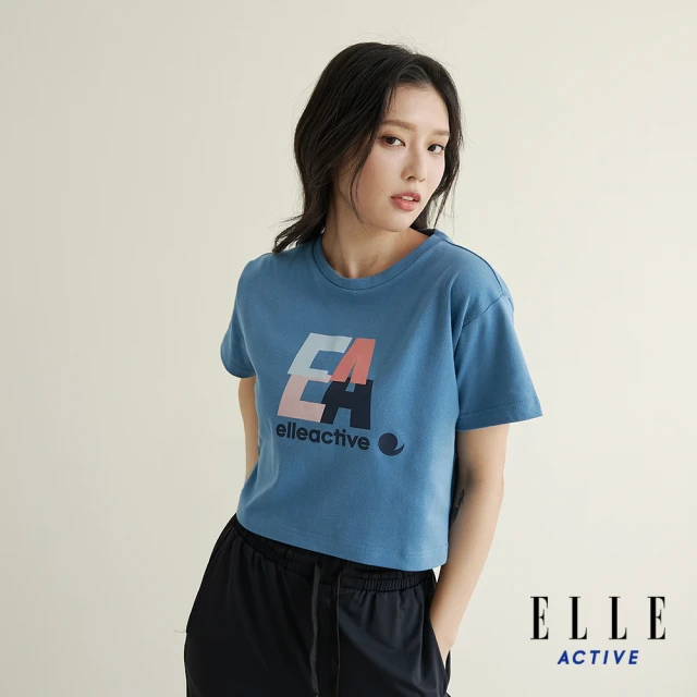 【ELLE ACTIVE】女款 短版印花短袖圓領T恤-藍色(EA24M2W1606#35)