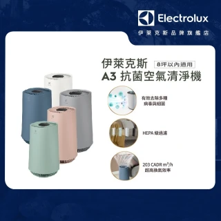 【Electrolux 伊萊克斯】A3抗菌空氣清淨機 FA31-202WT 202BL 202GN 202PK 202GY(8坪適用/5色任選)