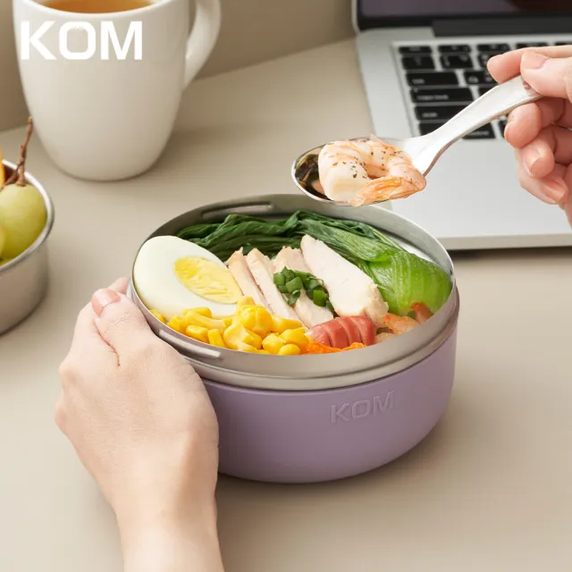 【KOM】一器盒成｜可微波不鏽鋼便當盒1入另贈便當袋+黏扣布(飯碗/湯碗/菜盤/湯匙/隔熱套)