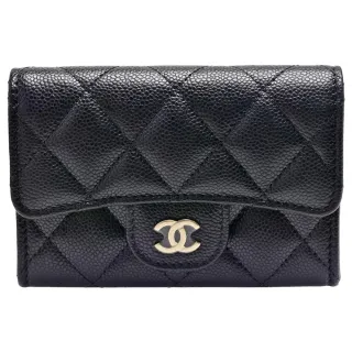 【CHANEL 香奈兒】經典金色雙C LOGO菱格粒紋牛皮拉鍊夾層零錢包(黑色AP4906C-BLK-GP)