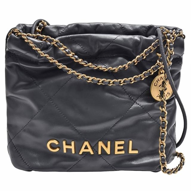 【CHANEL 香奈兒】經典22系列品牌LOGO大菱格紋亮面小牛皮手提/斜背包(迷你-灰色)『entrupy安心購』