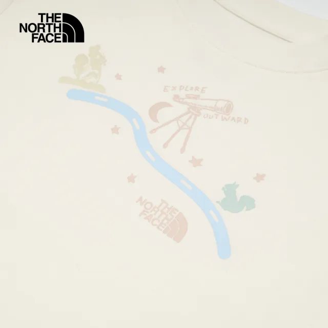 【The North Face】北面女款米白色純棉舒適透氣胸前可愛手繪印花短袖T恤｜8ASQQLI