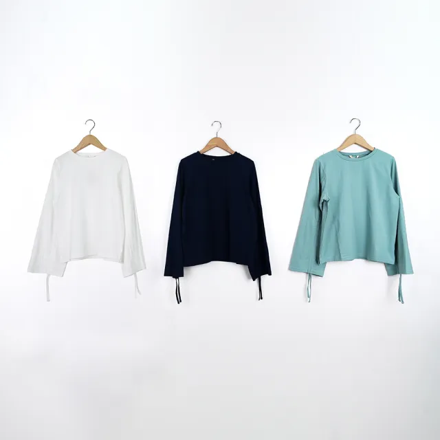 【MOSS CLUB】袖子抽繩造型長袖上衣(藍 白 綠/魅力商品)