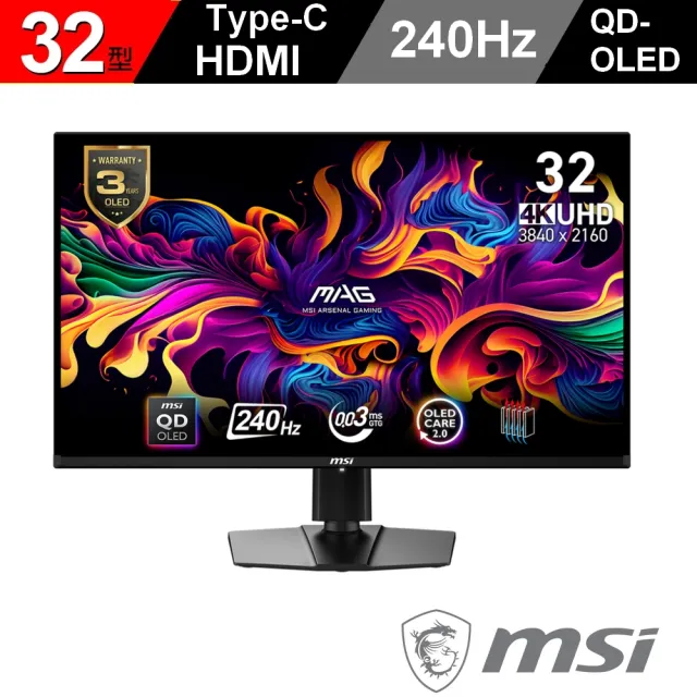 【MSI 微星】MAG 321UPX QD-OLED 32型 4K 240Hz 電競螢幕(AdaptiveSync/Type-C/HDR 400)