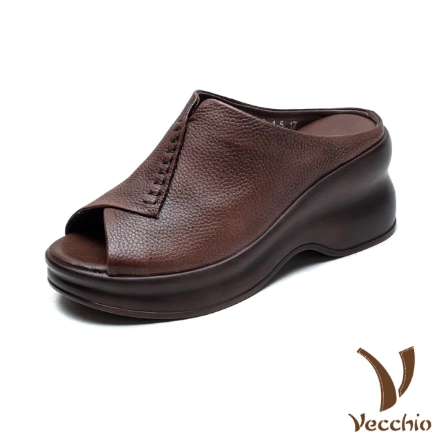 Vecchio 真皮拖鞋 厚底拖鞋/真皮頭層牛皮復古手工縫線魚口露趾坡跟厚底拖鞋(咖)