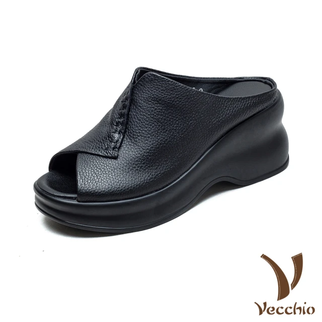 Vecchio 真皮拖鞋 厚底拖鞋/真皮頭層牛皮復古手工縫線魚口露趾坡跟厚底拖鞋(黑)