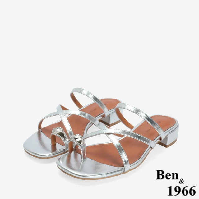 Ben&1966 高級羊皮優雅細帶拇指亮鑽低跟拖鞋-24661