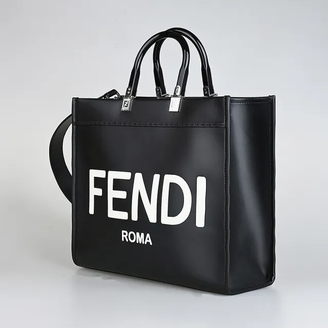 【FENDI 芬迪】FENDI Sunshine經典壓印白字 LOGO 設計牛皮手提肩背包(中型/黑x白)