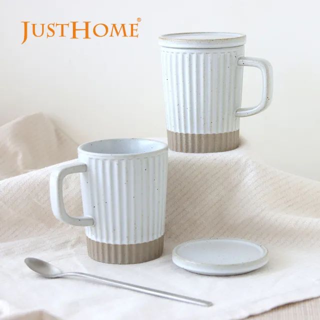 【Just Home】霜白霧面粗陶線條陶瓷馬克杯附杯蓋250ml-2入組(杯子 陶瓷杯 馬克杯 拿鐵杯)