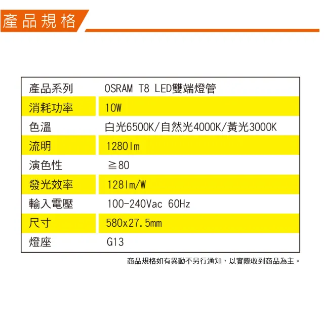 【Osram 歐司朗】LED T8 2尺 10W 燈管 白光 黃光 自然光 10入組(LED T8  全電壓)