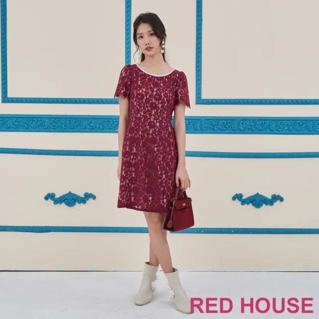 【RED HOUSE 蕾赫斯】氣質珍珠領花朵蕾絲洋裝(紅色)