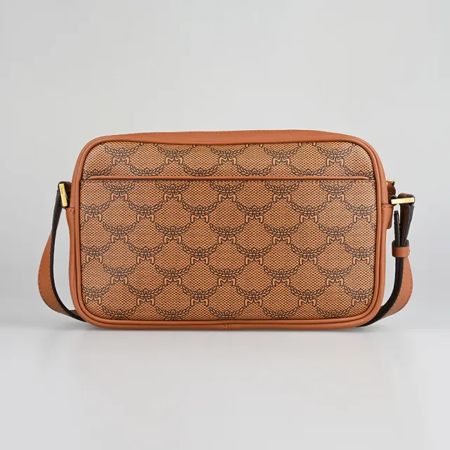 【MCM】MCM HIMMEL黑字LOGO Lauretos印花塗層帆布拉鍊斜背方包(棕)