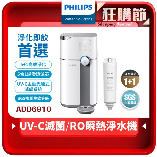 【Philips 飛利浦】智能雙效UV-C滅菌/RO過濾瞬熱淨水機(ADD6910)(主機內含濾心)+複合濾芯(ADD550)