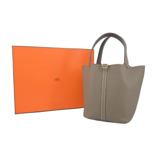 【Hermes 愛馬仕】Picotin Lock 22cm T/C 牛皮桶包(18大象灰/W刻/金釦)