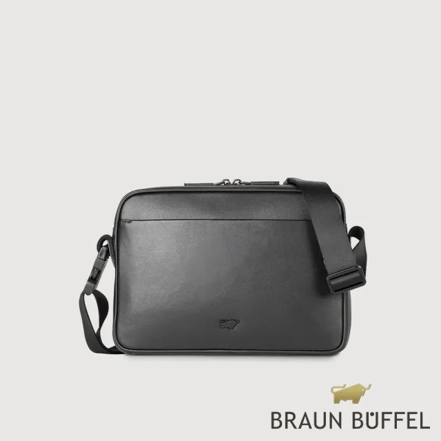 【BRAUN BUFFEL 德國小金牛】台灣總代理 海斯 橫式斜背包-黑色(BF533-TW62-BK)