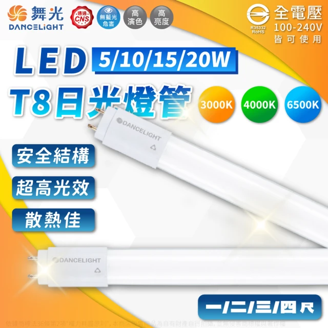 DanceLight 舞光 4入組 舞光 LED 20W 超高光效 全電壓 4尺 T8日光燈管 玻璃管(黃光/自然光/白光)