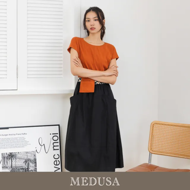 【MEDUSA 曼度莎】現貨-假兩件橘色休閒拼接洋裝（M-XL）｜休閒洋裝 長洋裝(301-72006)