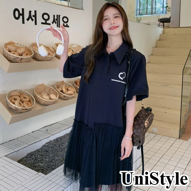 UniStyle 假兩件娃娃領長袖襯衫拼接百褶裙襬洋裝 女 