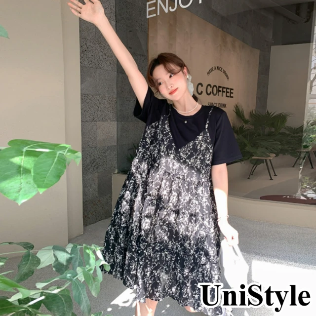 UniStyle 假兩件娃娃領長袖襯衫拼接百褶裙襬洋裝 女 