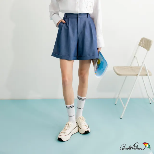 【Arnold Palmer 雨傘】女裝-後鬆緊打褶短褲(淺藍色)
