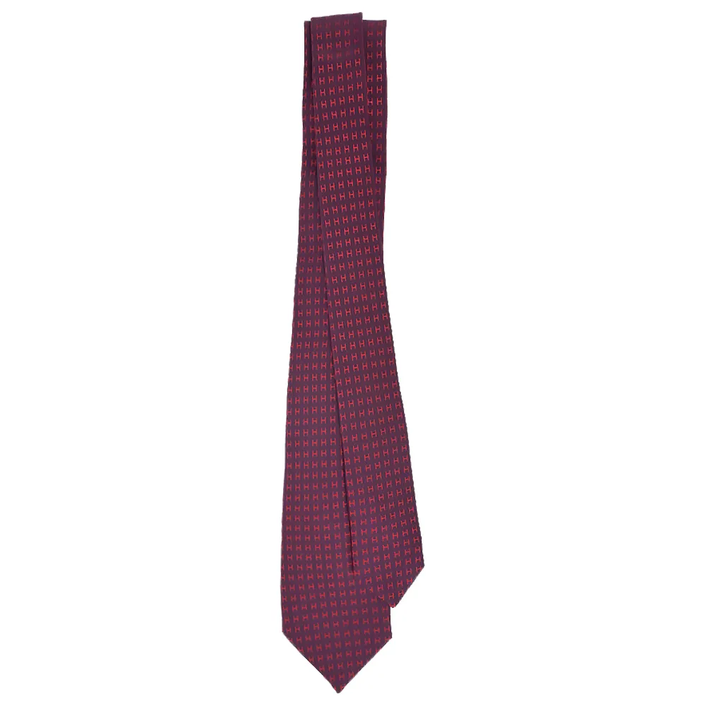 【Hermes 愛馬仕】Faconnee H Bicolore 手工縫製斜紋布真絲領帶(茄子紫/紅)