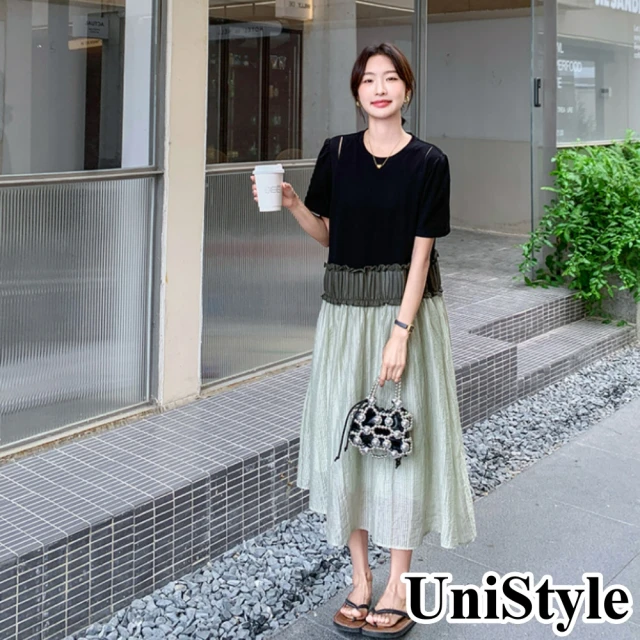 UniStyle 假兩件娃娃領長袖襯衫拼接百褶裙襬洋裝 女 