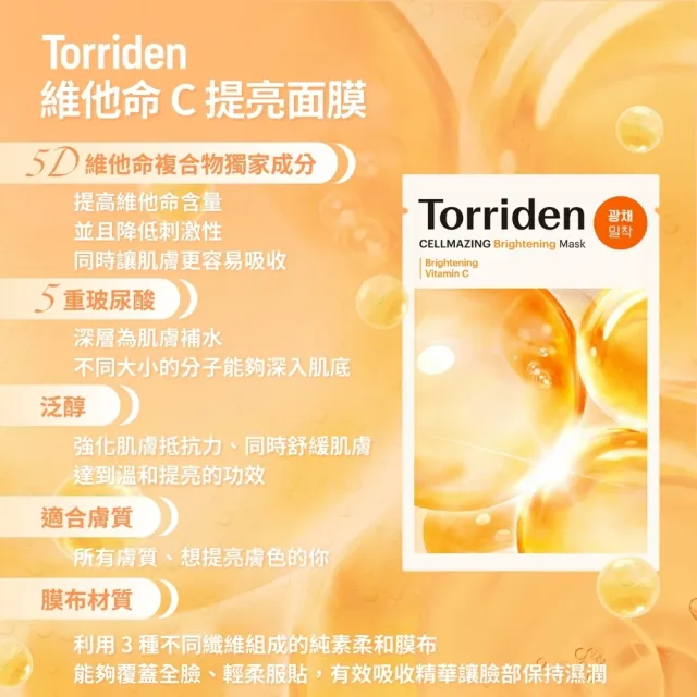 【Torriden】面膜 10片入 袋裝/盒裝隨機出貨(積雪草面膜 玻尿酸面膜 保濕面膜 維他命提亮面膜)