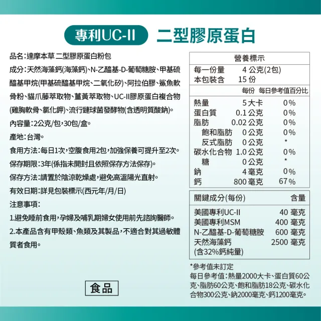 【達摩本草】UC-II 專利二型膠原蛋白複方6盒(30包/盒）（共180包）（關鍵行動力、靈活自在)