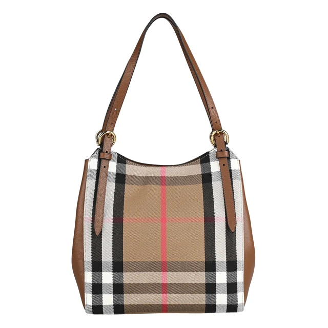 BURBERRY 巴寶莉 BURBERRY Canterby內燙金字LOGO經典帆布拼接小牛皮磁釦式手提/肩背包(棕x米格紋)