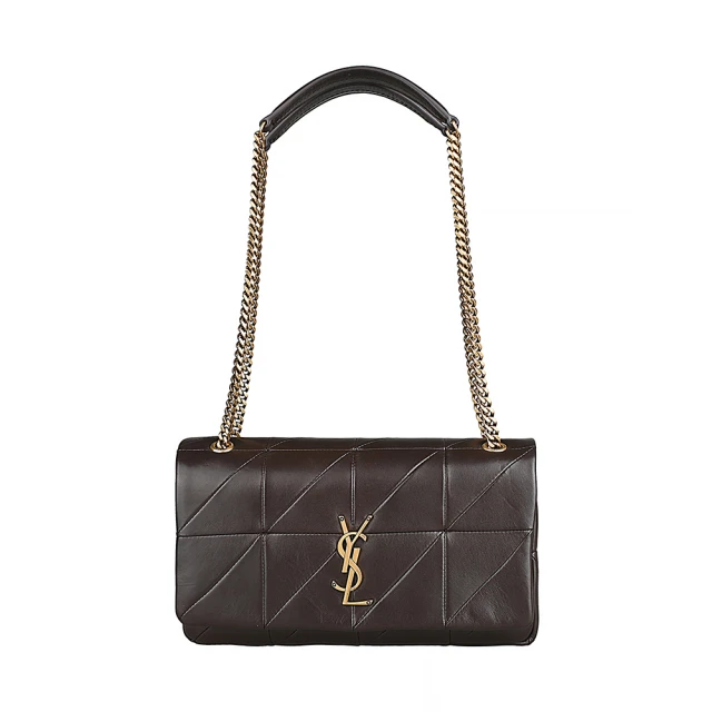 YSL YSL SAINT LAURENT JAMIE立體金屬字母 LOGO 絎縫設計小羊皮扣式金鏈帶側背/斜背包(中型/深棕)