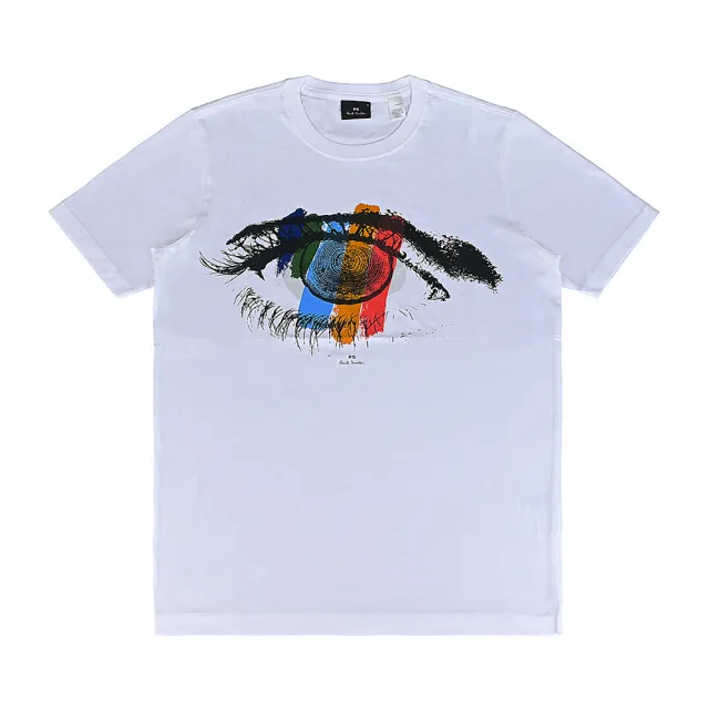 【Paul Smith】PAUL SMITH燙印LOGO彩色條紋眼睛有機純棉短袖T恤(男款/白x黑)