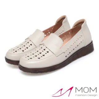 【MOM】真皮樂福鞋 厚底樂福鞋/真皮幾何縷空沖孔一字帶舒適坡跟厚底樂福鞋(米)